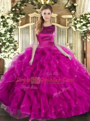 Nice Fuchsia Lace Up 15 Quinceanera Dress Ruffles Sleeveless Floor Length
