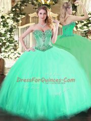 Romantic Aqua Blue Ball Gowns Tulle Sweetheart Sleeveless Beading Floor Length Lace Up Sweet 16 Dresses