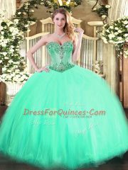 Romantic Aqua Blue Ball Gowns Tulle Sweetheart Sleeveless Beading Floor Length Lace Up Sweet 16 Dresses