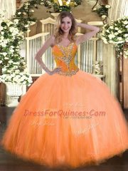 Dramatic Orange Sleeveless Floor Length Beading Lace Up Vestidos de Quinceanera