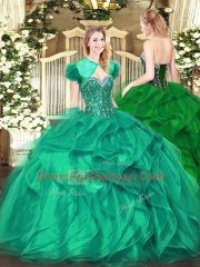 Turquoise Organza Lace Up Sweetheart Sleeveless Floor Length Quinceanera Dresses Beading and Ruffles