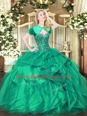 Turquoise Organza Lace Up Sweetheart Sleeveless Floor Length Quinceanera Dresses Beading and Ruffles