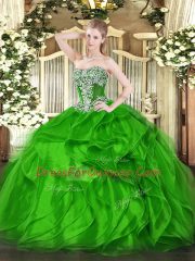 Organza Lace Up Strapless Sleeveless Floor Length Quinceanera Gown Beading and Ruffles