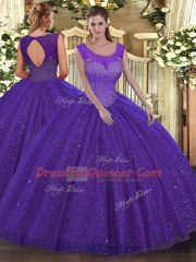 Purple Sleeveless Floor Length Beading Backless Sweet 16 Dresses