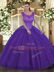 Purple Sleeveless Floor Length Beading Backless Sweet 16 Dresses