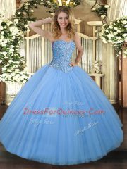 Colorful Aqua Blue Ball Gowns Tulle Sweetheart Sleeveless Beading Floor Length Lace Up Quinceanera Gowns