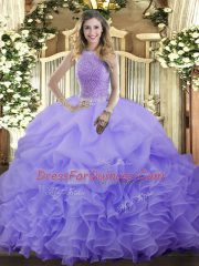 Lavender Sleeveless Organza Lace Up Sweet 16 Quinceanera Dress for Military Ball and Sweet 16 and Quinceanera