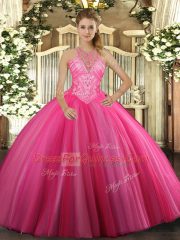 High End Floor Length Lace Up Quince Ball Gowns Hot Pink for Military Ball and Sweet 16 and Quinceanera with Beading