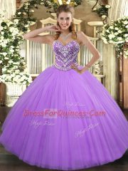 Sleeveless Tulle Floor Length Lace Up 15th Birthday Dress in Lavender with Beading