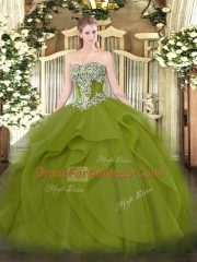 Romantic Strapless Sleeveless Lace Up Quinceanera Gowns Olive Green Tulle