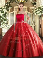 Vintage Red Ball Gowns Appliques Quinceanera Dresses Lace Up Tulle Sleeveless Floor Length