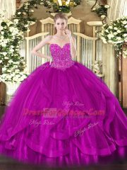Sweetheart Sleeveless Tulle Ball Gown Prom Dress Beading and Ruffles Lace Up