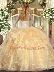 Lilac Ball Gowns Organza High-neck Sleeveless Beading and Ruffles Floor Length Lace Up Quince Ball Gowns
