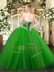 Sophisticated Sleeveless Tulle Floor Length Lace Up Quince Ball Gowns in Green with Beading