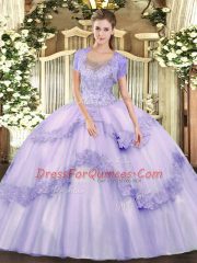 Elegant Beading and Appliques 15th Birthday Dress Lavender Clasp Handle Sleeveless Floor Length