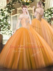Trendy Sleeveless Tulle Floor Length Lace Up Quince Ball Gowns in Orange with Beading