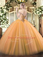 Trendy Sleeveless Tulle Floor Length Lace Up Quince Ball Gowns in Orange with Beading