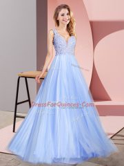 Shining Light Blue Sleeveless Lace Floor Length Evening Dress
