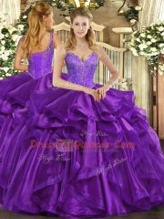 Eggplant Purple Ball Gowns Beading and Ruffles Sweet 16 Dress Lace Up Organza Sleeveless Floor Length