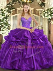 Eggplant Purple Ball Gowns Beading and Ruffles Sweet 16 Dress Lace Up Organza Sleeveless Floor Length