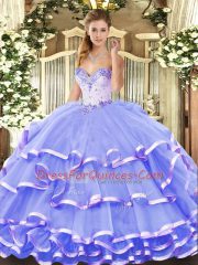 Floor Length Lavender Sweet 16 Quinceanera Dress Organza Sleeveless Beading and Ruffled Layers