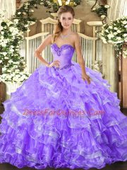 Lavender 15 Quinceanera Dress Military Ball and Sweet 16 and Quinceanera with Beading and Ruffled Layers Sweetheart Sleeveless Lace Up