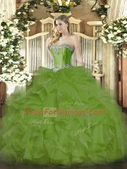 Customized Beading and Ruffles Quinceanera Gown Olive Green Lace Up Sleeveless Floor Length