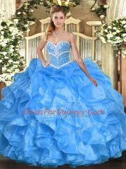 Hot Selling Baby Blue Organza Lace Up Sweetheart Sleeveless Floor Length Sweet 16 Dress Beading and Ruffles