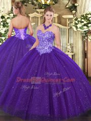 Custom Design Purple Ball Gowns Tulle Sweetheart Sleeveless Beading Floor Length Lace Up Quinceanera Gowns