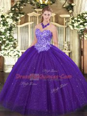 Custom Design Purple Ball Gowns Tulle Sweetheart Sleeveless Beading Floor Length Lace Up Quinceanera Gowns