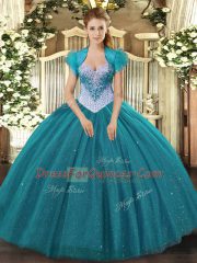 Sleeveless Floor Length Beading and Sequins Lace Up Ball Gown Prom Dress with Teal