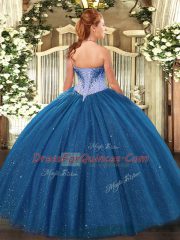 Sleeveless Floor Length Beading and Sequins Lace Up Ball Gown Prom Dress with Teal