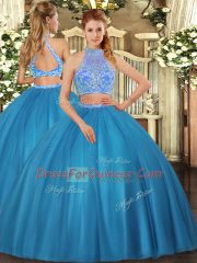 Eye-catching Teal Criss Cross Quinceanera Gown Beading Sleeveless Floor Length