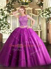 Floor Length Lace Up Quinceanera Gown Fuchsia for Military Ball and Sweet 16 and Quinceanera with Beading and Appliques