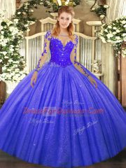Colorful Tulle Scoop Long Sleeves Lace Up Lace Quinceanera Dress in Blue