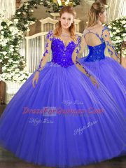 Blue Tulle Lace Up Scoop Long Sleeves Floor Length Vestidos de Quinceanera Lace
