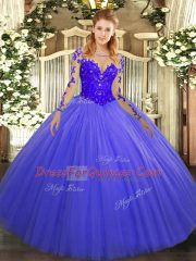 Blue Tulle Lace Up Scoop Long Sleeves Floor Length Vestidos de Quinceanera Lace
