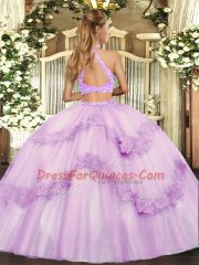 Fashionable Halter Top Sleeveless Tulle Sweet 16 Quinceanera Dress Beading and Appliques and Ruffles Lace Up