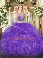 Most Popular Eggplant Purple Sleeveless Organza Lace Up Quinceanera Gowns for Military Ball and Sweet 16 and Quinceanera