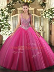 Free and Easy Hot Pink Tulle Lace Up 15th Birthday Dress Sleeveless Floor Length Beading