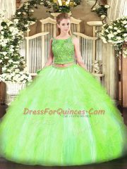 Shining Floor Length Lace Up Quinceanera Gowns Yellow Green for Military Ball and Sweet 16 and Quinceanera with Beading and Ruffles