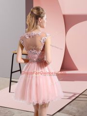Baby Pink Prom Gown Prom and Party with Beading and Appliques Scoop Sleeveless Side Zipper