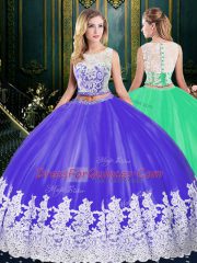 Scoop Sleeveless Tulle Ball Gown Prom Dress Appliques and Embroidery Clasp Handle