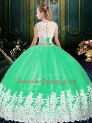 Scoop Sleeveless Tulle Ball Gown Prom Dress Appliques and Embroidery Clasp Handle