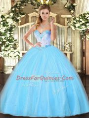Beautiful Sleeveless Tulle Floor Length Lace Up 15 Quinceanera Dress in Aqua Blue with Beading