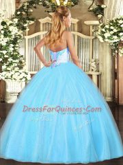 Beautiful Sleeveless Tulle Floor Length Lace Up 15 Quinceanera Dress in Aqua Blue with Beading