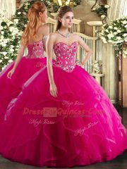 Fuchsia 15 Quinceanera Dress Military Ball and Sweet 16 and Quinceanera with Embroidery and Ruffles Sweetheart Sleeveless Lace Up