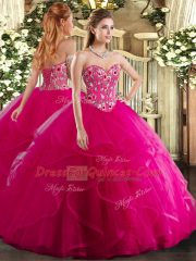 Fuchsia 15 Quinceanera Dress Military Ball and Sweet 16 and Quinceanera with Embroidery and Ruffles Sweetheart Sleeveless Lace Up