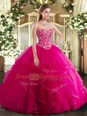 Fuchsia 15 Quinceanera Dress Military Ball and Sweet 16 and Quinceanera with Embroidery and Ruffles Sweetheart Sleeveless Lace Up