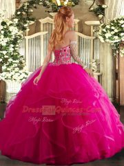 Fuchsia 15 Quinceanera Dress Military Ball and Sweet 16 and Quinceanera with Embroidery and Ruffles Sweetheart Sleeveless Lace Up